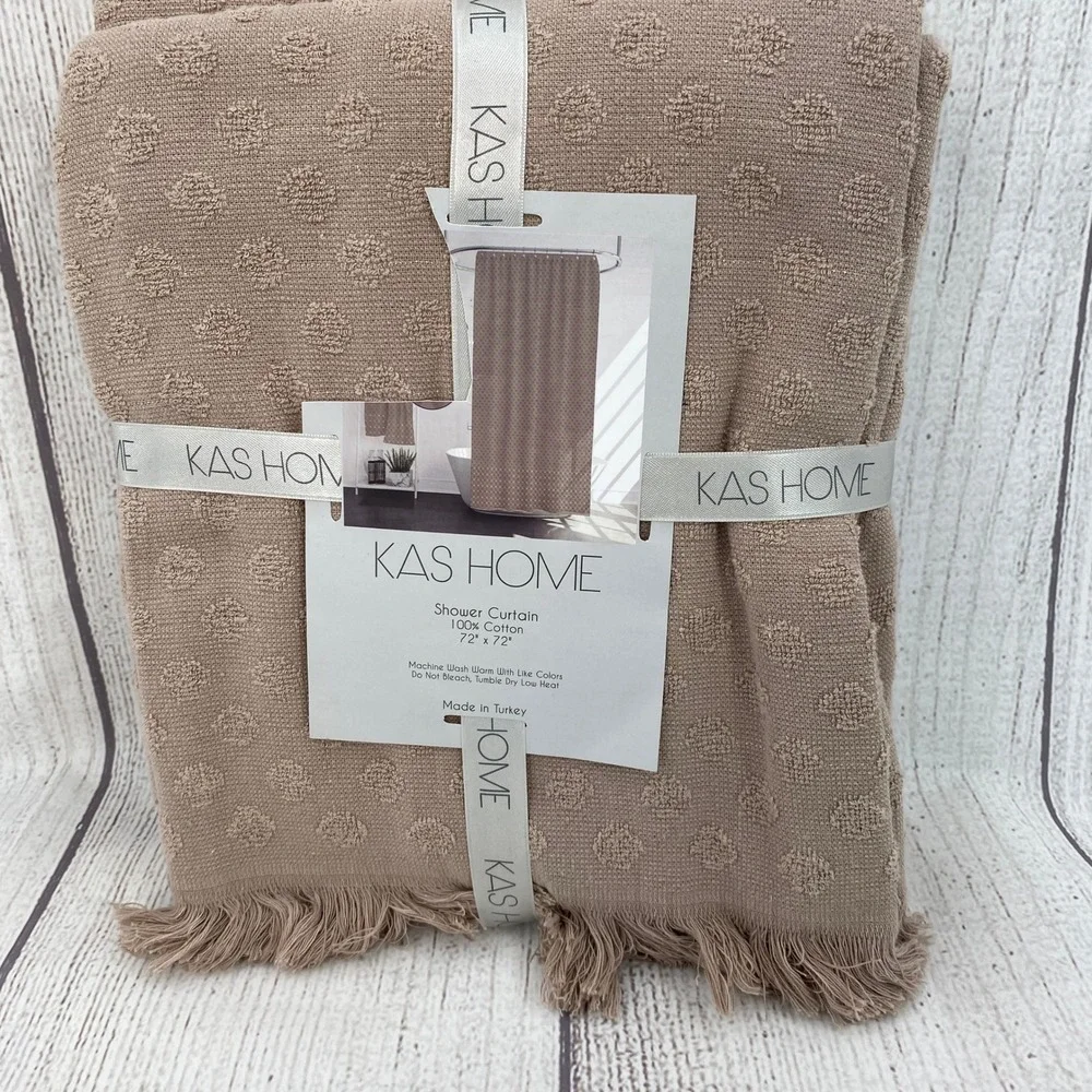 Kas Home Shower Curtain Brown Taupe Tufted Dot Fringed 100% Cotton Boho Natural
